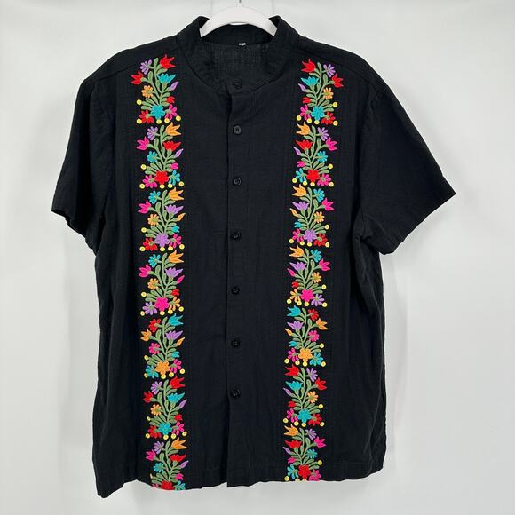 Mens Embroidered Floral Shirt Size L Resort Vacation Cruise Button Short Sleeve - Picture 1 of 7